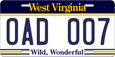 WV license plate OAD007