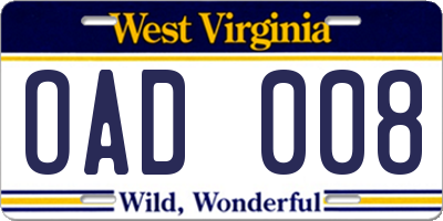 WV license plate OAD008