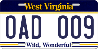WV license plate OAD009