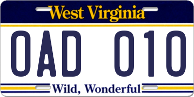WV license plate OAD010