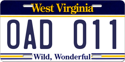 WV license plate OAD011