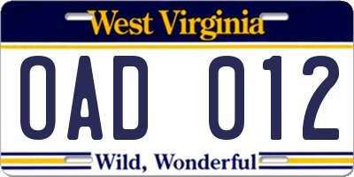 WV license plate OAD012