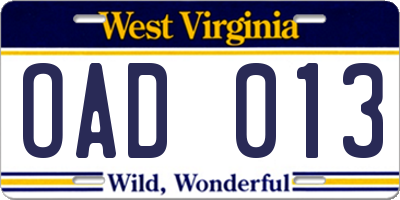 WV license plate OAD013