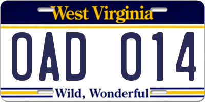 WV license plate OAD014