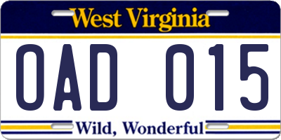 WV license plate OAD015