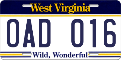 WV license plate OAD016