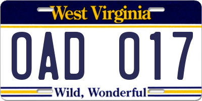 WV license plate OAD017