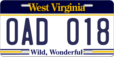 WV license plate OAD018