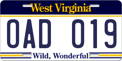 WV license plate OAD019