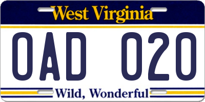 WV license plate OAD020