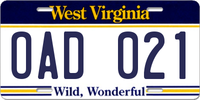 WV license plate OAD021