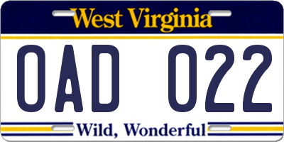 WV license plate OAD022