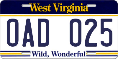WV license plate OAD025