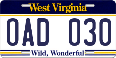 WV license plate OAD030