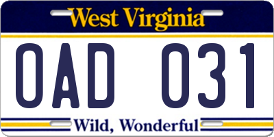 WV license plate OAD031