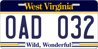 WV license plate OAD032