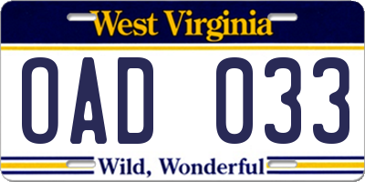 WV license plate OAD033