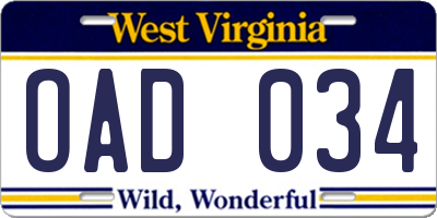 WV license plate OAD034