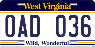 WV license plate OAD036