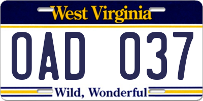 WV license plate OAD037