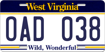 WV license plate OAD038