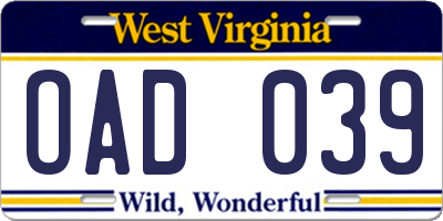WV license plate OAD039