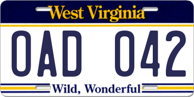 WV license plate OAD042