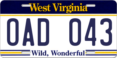 WV license plate OAD043