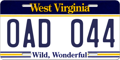 WV license plate OAD044