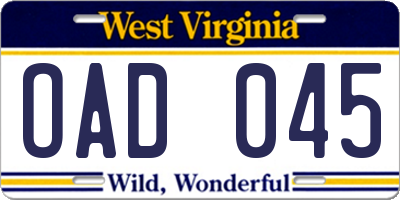 WV license plate OAD045