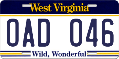 WV license plate OAD046