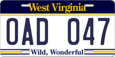 WV license plate OAD047