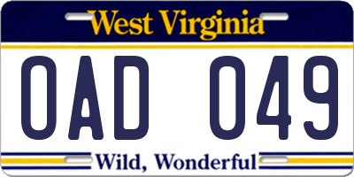 WV license plate OAD049