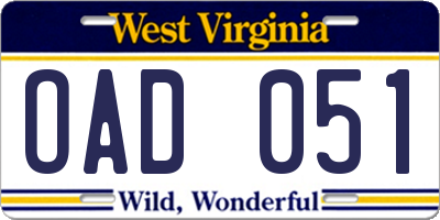 WV license plate OAD051