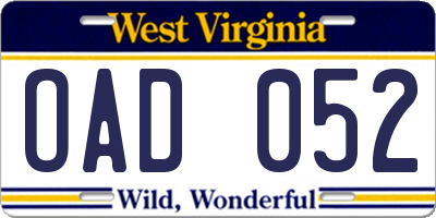WV license plate OAD052