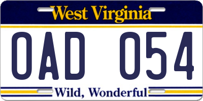 WV license plate OAD054