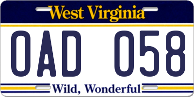 WV license plate OAD058