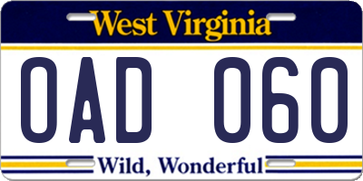 WV license plate OAD060