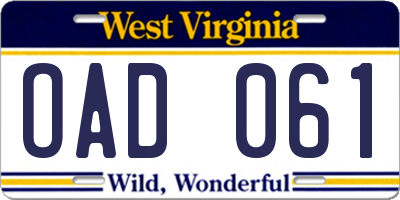 WV license plate OAD061