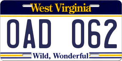 WV license plate OAD062