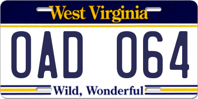 WV license plate OAD064