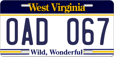WV license plate OAD067