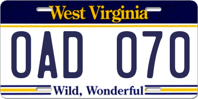 WV license plate OAD070