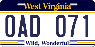 WV license plate OAD071