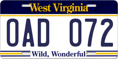 WV license plate OAD072