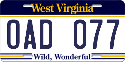 WV license plate OAD077