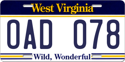 WV license plate OAD078