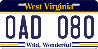 WV license plate OAD080