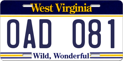 WV license plate OAD081