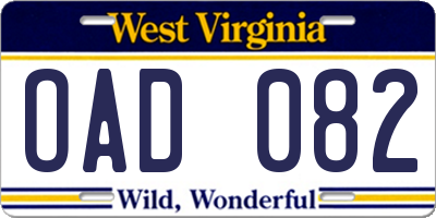 WV license plate OAD082